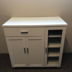 木製カウンターワゴン　キャビネット　食器棚　キッチンカウンター　幅890mm　ホワイト　キャスター付きの画像