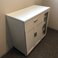 木製カウンターワゴン　キャビネット　食器棚　キッチンカウンター　幅890mm　ホワイト　キャスター付きの画像