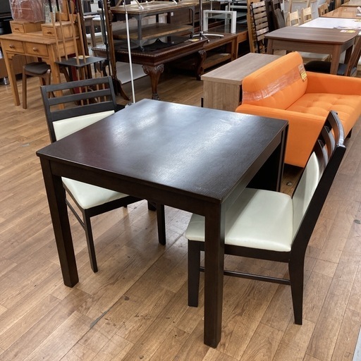 S778 ⭐ ダイニング3点セット バタフライテーブル ブラウン 幅80-120cm USED 椅子破れ有り