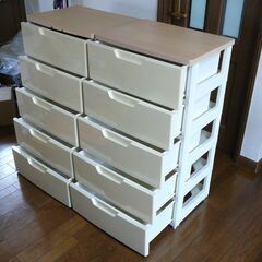 21. 【中古】衣装ケース タンス 5段引き出し 天板木材 2個セット 天板のプラスチックに割れありの画像