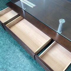 ガラスローテーブル センターテーブル 家具 引き出し×3付き  H44×W120×D65cm 札幌 東区の画像