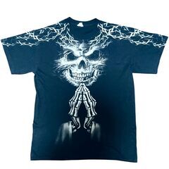【L】プレイハンド スカル トライバル グッドプリントTシャツ SKULL TRIBAL 合掌 マリア 古着TEEの画像
