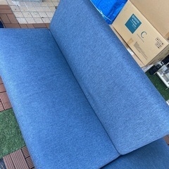 【カウチソファ】2pソファ+オットマン　ブルー ファブリック　幅118cm／奥行80cm／ロータイプ【取り置き不可】の画像