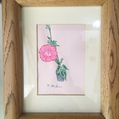 美しい＜ピンクの朝顔の絵＞と額縁と朝顔の種-3個の画像
