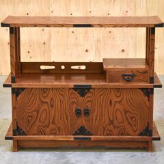 ≪yt1997ジ≫ 民芸家具 置床 あられ金具 3尺5寸巾 岩屋堂箪笥?/南部? 置き床/飾り棚/和風/和箪笥/欅/サイドボード/中古家具/宮城県仙台市 70731-14の画像