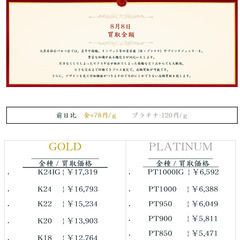 大黒屋仙台パルコ店 8/8 本日の貴金属の買取金額 