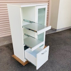 キッチンカウンター　レンジ台　キャビネット　スライド　収納棚　ホワイト　の画像