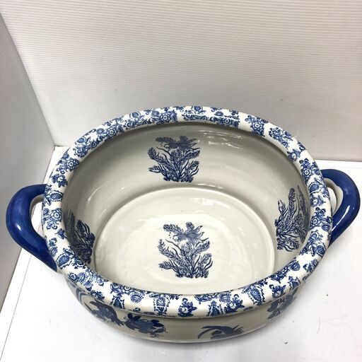 【美品　商品】アンティーク火鉢　メダカ鉢　金魚鉢　　陶器製　睡蓮　幅46 slide_IMG_4411.jpg