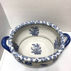 ☆陶器 睡蓮鉢 メダカ鉢 金魚鉢 鉢 水盤 花器 大型 54×35×21.5㎝ アンティーク 中古品(NF250808)303-577の画像