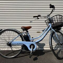 No722　大型バッテリー電動アシスト自転車　返金保証付き　26インチ　パナソニック　 ティモ・W　2017年型　ブルー　大型バッテリー16Ah（ロングモード60km以上）レンタサイクル店で使用していた自転車。メンテナンス済み。タイヤ、チューブ1年以内に交換、9分山。　返金保証付き　車体番号-78C3317の画像