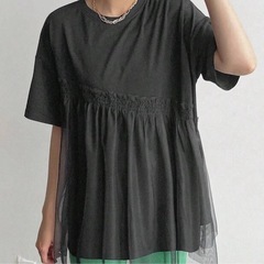 夏用メッシュドロップショルダーTシャツ ラッフルチュニック 半袖の画像