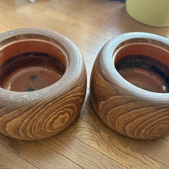 ★対局桐くり抜き火鉢・銅の窯二個箱入りと錫の小物セット/アンティークの画像