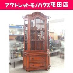 カップボード 飾り棚 ガラス扉付きキャビネット 鍵有り 幅101cm アンティーク 屯田店の画像
