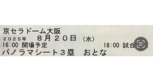 8月20日(水)京セラドーム大阪　 阪神タイガースvs中日　パノラマシート3塁　2枚連番