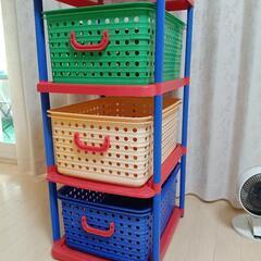大型収納バスケット　キッズ　おもちゃ箱　バスケットラック３段の画像