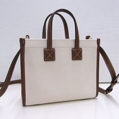 本物 美品 BURBERRY ミニフレヤトート ショルダーバッグ 8044143 1 ナチュラル/タン コットン×カーフレザー×リネン バーバリー 札幌市の画像