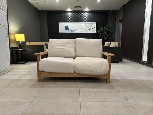 無印　木製フレームソファ　ファブリックソファ　2シーター