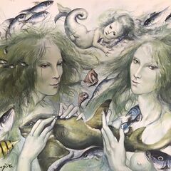 藤田 嗣治 『 Sirenes 』人魚 油彩 額装の画像