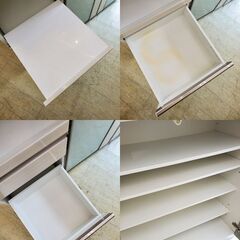 ニトリ ポスティア キッチンカウンター ハイタイプ■横幅135㎝×奥行50cm×高さ105cm■引き出し2個 2枚ガラス扉 棚板可動式 スライドテーブル ホワイト 鏡面仕上げ レンジボード キッチンボード 食器棚■近隣配送無料 買取帝国 朝霞店の画像
