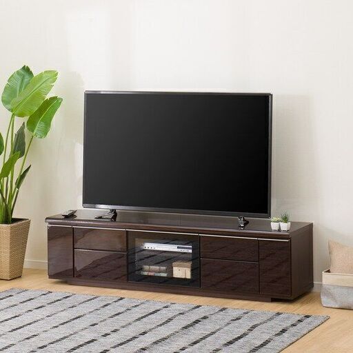 幅175cm ニトリ/NITORI ポスティア ローボード テレビボード ダークブラウン 木目 鏡面仕上げ 引出し4個 扉3枚 定価59990円■奥行45㎝×高さ45.5㎝■近隣配送無料 買取帝国 朝霞店