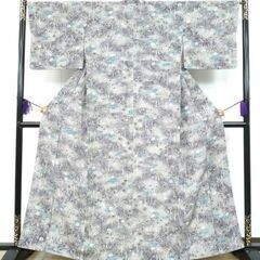 着物　型染め　グレー系　青　紫　竹　流水　菊　吉祥　練習　お稽古　リメイクの画像