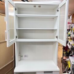 ニトリ キッチンボード 幅80cm  食器棚 レンジボード ホワイト 白 鏡面 木目調 地震ロック扉 DAHLIA ダリア 定価41,040円 ★ 買取帝国 志木店の画像