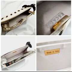 【❗️✨かわいいバッグ✨❗️】ESCADA（エスカーダ）ポーチ リボン装飾付き ベージュ×ゴールド Made in Italyの画像