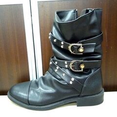 メンズ ブーツ メーカー不明 中ボア ショートブーツ レザー調 ブラック サイズ 25cm 中古 苫小牧西店の画像