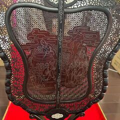 中国美術 透彫刻  軍配 高48cm幅28cm 台座・箱付 両面 団扇の画像