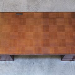 ≪zyt2388ジ≫ 昭和レトロ家具 文机 両袖机 市松模様天板 幅130cm 帳場机/座敷机/木製/寄木細工/チェッカー/デスク/中古家具/宮城県仙台市 70806-05の画像