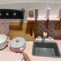 おままごと キッチン 木製 誕生日 台所 洗濯機 調理器具付き 調味料 食材 知育玩具 おもちゃキッチン  （ピンク）の画像