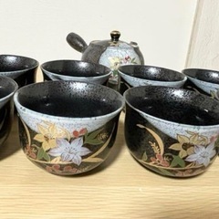 急須　お茶　コップ　セット　漆黒　花柄の画像