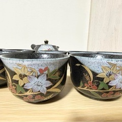 急須　お茶　コップ　セット　漆黒　花柄の画像