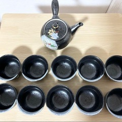 急須　お茶　コップ　セット　漆黒　花柄の画像