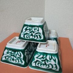 未使用　九谷焼　緑絵　九谷光星窯　角小鉢　５客セット　見事な綺麗な貫入の画像