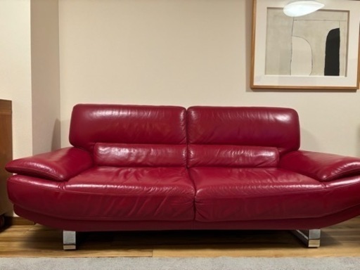 ソファ　本革　ワインレッド　3〜4人掛け