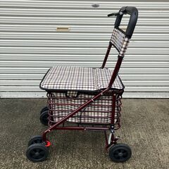 折りたたみ式シルバーカート・座れるお買い物カート（ベージュ系チェック柄）の画像