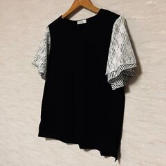 D'ELCIEUX レース＆ボーダー 袖切替カットソー（ブラック）LL（未使用品）の画像