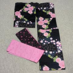 袖通しのみ】桜とボタン柄の浴衣・帯セット　紺色の画像
