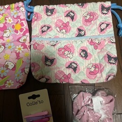 ハンドメイド女の子巾着袋２個中古品、ヘアピン、シュシュの画像