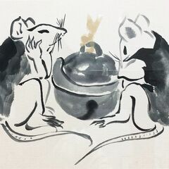 ねずみ水墨画　額縁付き 壁掛け・日本絵美術品インテリア　2匹のネズミ　昭和レトロの画像