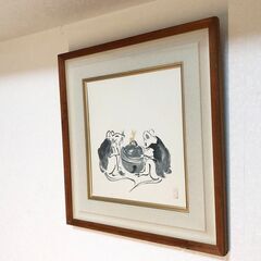 ねずみ水墨画　額縁付き 壁掛け・日本絵美術品インテリア　2匹のネズミ　昭和レトロの画像