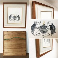 ねずみ水墨画　額縁付き 壁掛け・日本絵美術品インテリア　2匹のネズミ　昭和レトロの画像