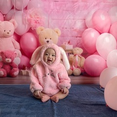 撮影背景 230cm×180cm　ピンク系 セルフ撮影 クマ 人形 ハーフバースデー 誕生日の画像