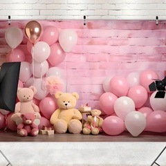 撮影背景 230cm×180cm　ピンク系 セルフ撮影 クマ 人形 ハーフバースデー 誕生日の画像
