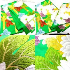 袋帯 緑 金 白 紫 青 オレンジ 茶 クリーム 薄ピンク 多色 間垣 花々 六通柄 正絹 仕立上がり フォーマル 長さ429.5cm【中古】 【キモノオフ野々市若松店】の画像