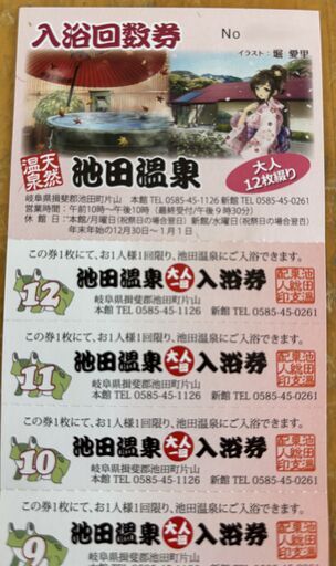 池田温泉　入浴券（回収券 12枚つづりが6300円）　土日祝日使用可能