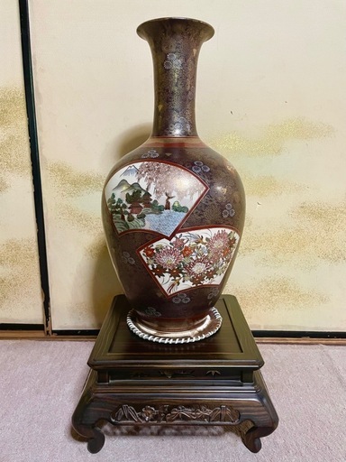 九谷焼 連山窯 花詰/金彩 扇文 飾り壺/大花瓶/花器/フラワーベース