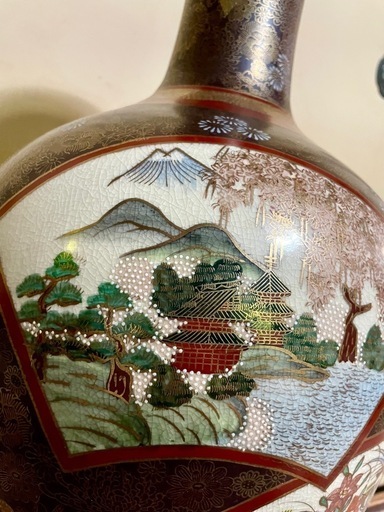九谷焼 連山窯 花詰/金彩 扇文 飾り壺/大花瓶/花器/フラワーベース