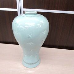 芸林 青磁 花瓶 申根洙作 高さ 約32cm 木箱付き 鶴 雲 花器 壺 置物 インテリア オブジェ 苫小牧西店の画像